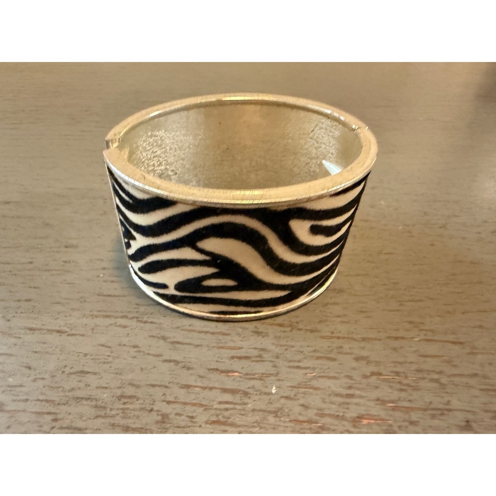 Zebra Print Hinged Cuff Bracelet Silver Tone Black White Animal Statement Cuff
